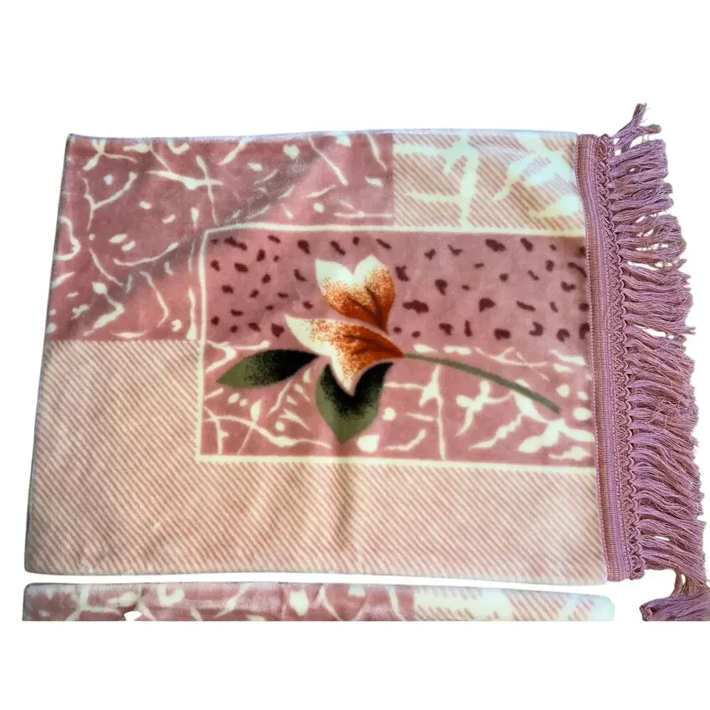 2 Vintage Korean minky blanket pillow shams fringe pink roses